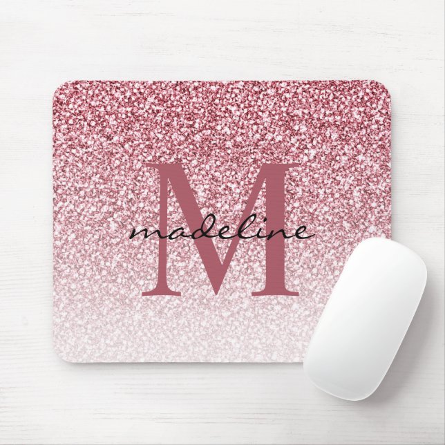 Mousepad Elegante Rosa Dourado Glitter Girly Monograma (Com mouse)