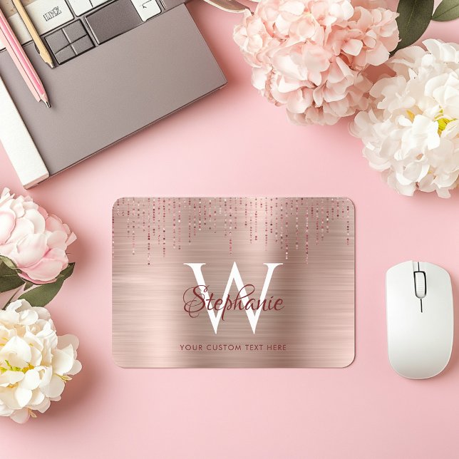 Mousepad Elegante Rosa Dourado Monograma (Elegant Rose Gold Monogram Sparkle Mouse Pad)