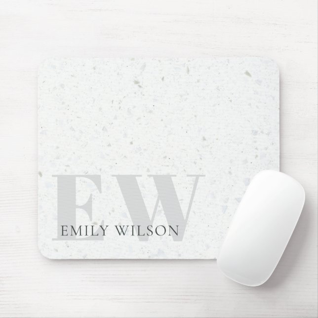 Mousepad Elegante Rustic Terrazzo Stone Cinza Name Monogram (Com mouse)