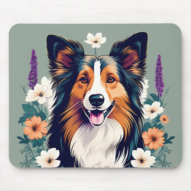 Mousepad Elegante Shetland Sheepdog com Floral (Frente)