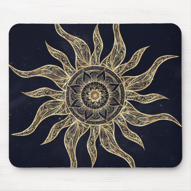 Mousepad Elegante Sol Dourado Mandala Blue Nebula Design (Frente)