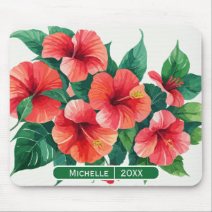 Mousepad Elegante Tropical Hawaii Hibiscus Monograma Verde