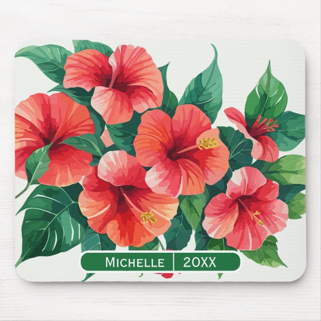 Mousepad Elegante Tropical Hawaii Hibiscus Monograma Verde (Frente)