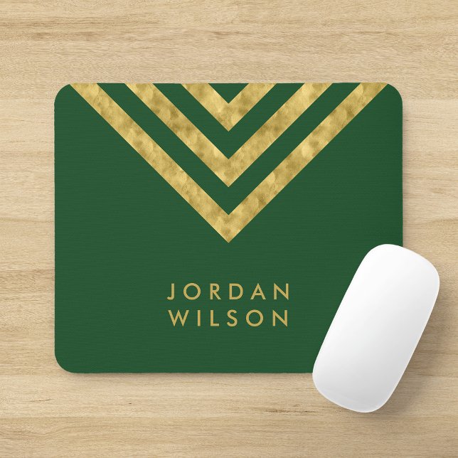 Mousepad Elegante Verde Falso Dourado Nome Chevron Geométri (Criador carregado)