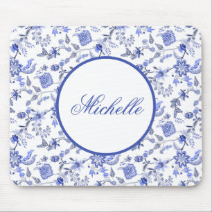 Mousepad Elegante Vintage Blue Floral White Name
