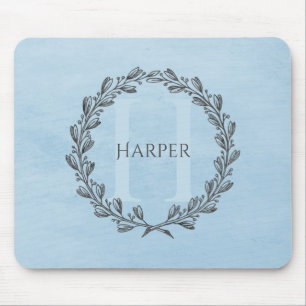 Mousepad Elegante Wreath Monograma Pad Azul do Mouse