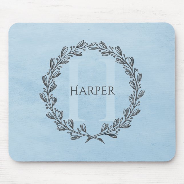 Mousepad Elegante Wreath Monograma | Pad Azul do Mouse (Frente)