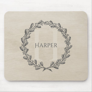 Mousepad Elegante Wreath Monograma Placa do rato bege