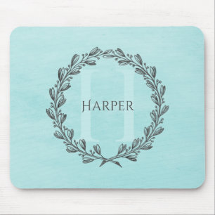 Mousepad Elegante Wreath Monograma Placa do rato Teal