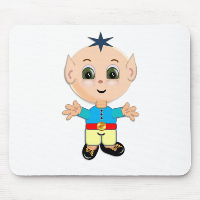 Mousepad Elfo bebê feliz e bonito, de roupas azuis e amarel (Frente)
