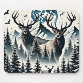 Mousepad Elk em uma Floresta Mística sob uma Montanha Lua