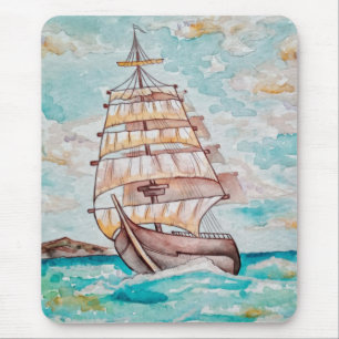 Mousepad Embarcação de Aquarela Navegação Marítimo Verão Vi