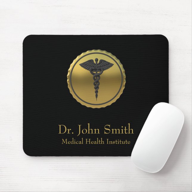 Mousepad Emblema Médico Caduceu 3D Dourado Profissional (Com mouse)