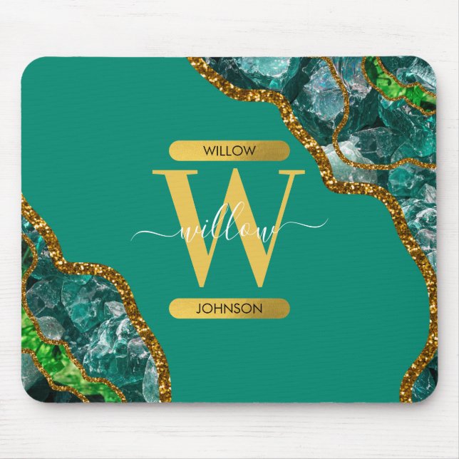Mousepad Emerald Green & Dourado Agate Geode Glitter Monogr (Frente)