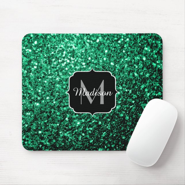Mousepad Emerald Green faux glits brilha monograma (Com mouse)