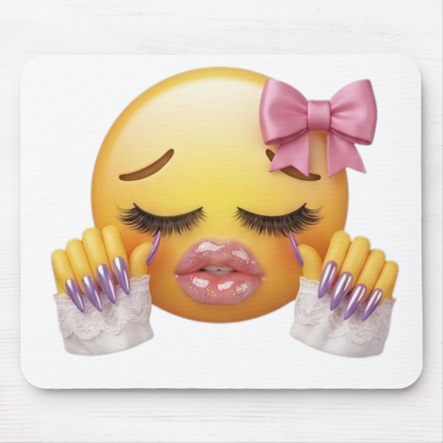 Mousepad Emoji Sassy Enrubescida com Laço Rosa e Unhas Long (Frente)