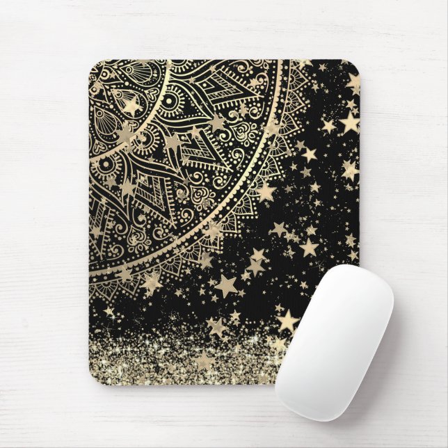 Mousepad Encantando Mandala com Douradas Estrelas em Preto (Com mouse)