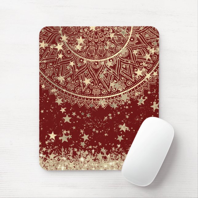 Mousepad Encantando Mandala com Douradas estrelas em vermel (Com mouse)