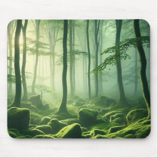 Mousepad Enchanted Misty Forest Serene Green Woodland Scene