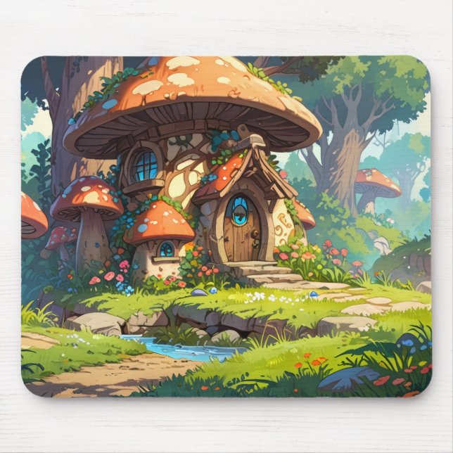 Mousepad Enchanted Mushroom Village in the Forest – Dreamy  (Frente)