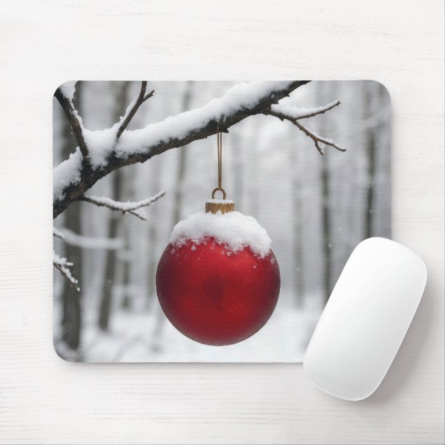 Mousepad Enfeite de Natal Vermelho no Galho Nevado (Com mouse)