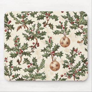 Mousepad Enfeite de Natal Vintage Creme Holly Berry Dourado