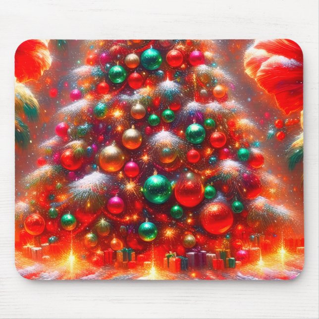 Mousepad Enfeites de árvore de Natal em verde vermelho + am (Frente)