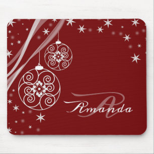 Mousepad Enfeites de Natal Monograma Branco Elegantes Verme