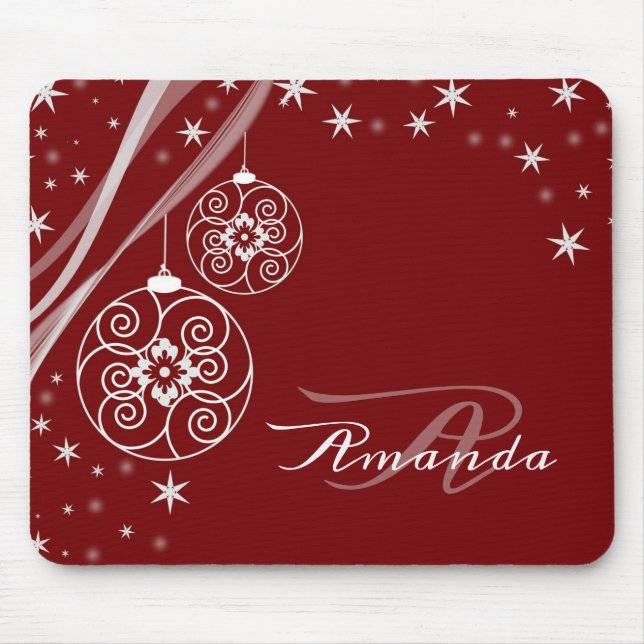Mousepad Enfeites de Natal Monograma Branco Elegantes Verme (Frente)