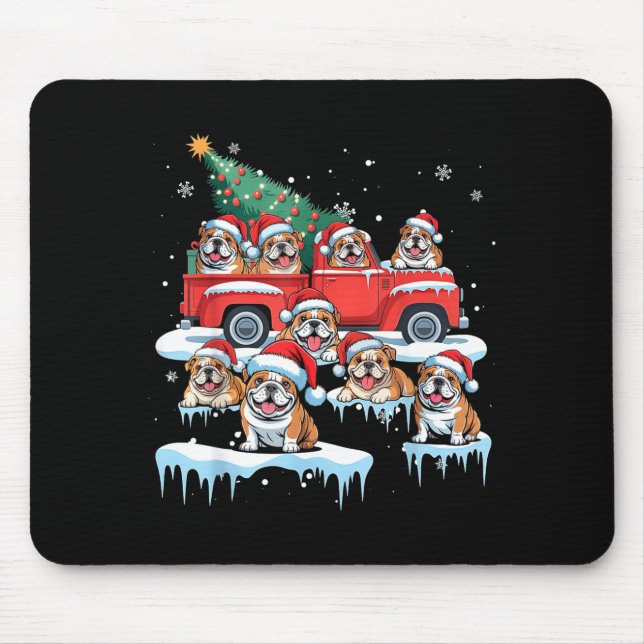 Mousepad English Bulldog Riding Red Truck Ugly Sweater Chri (Frente)
