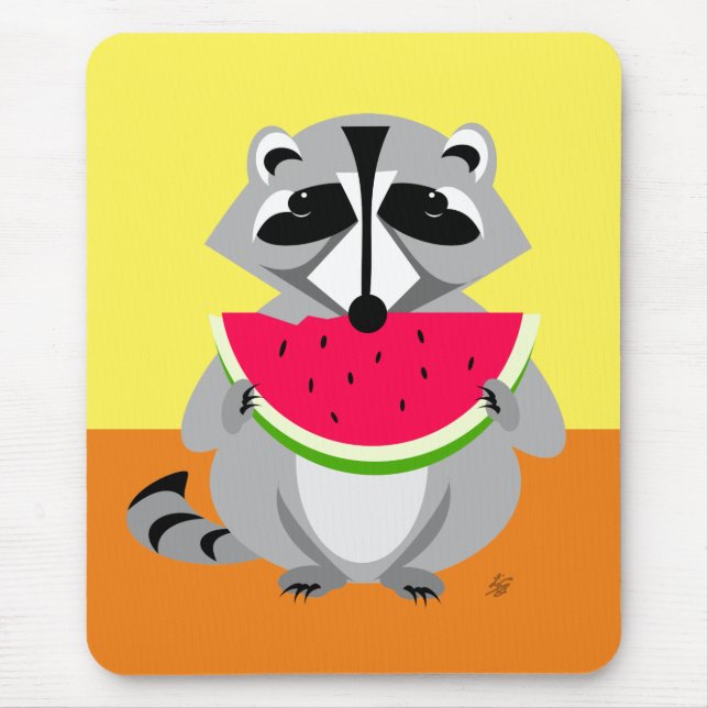 Mousepad Engraçado Cartoon Raccoon Comendo Melancia (Frente)