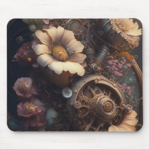 Mousepad Engrenagens Steampunk e Flores Brancas 