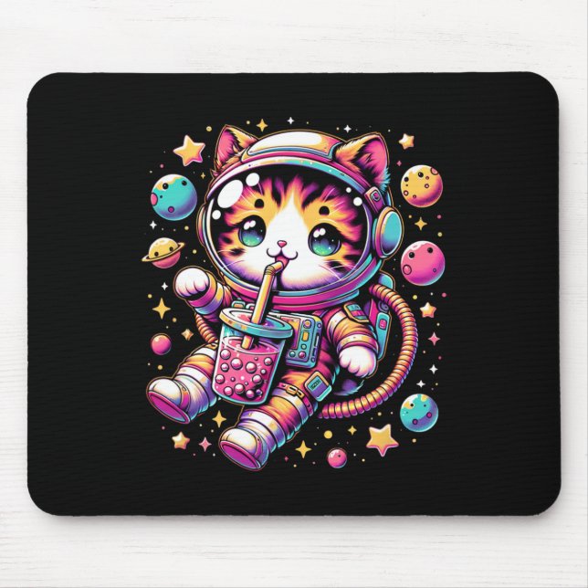 Mousepad Enstronauta Engraçado Espaço Kawaii Boba Tea Cat (Frente)