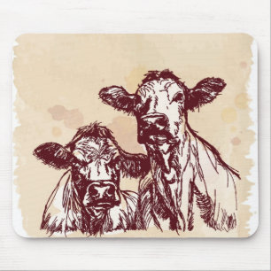 Mousepad Esboço do desenhar da mão de duas vacas & vintag