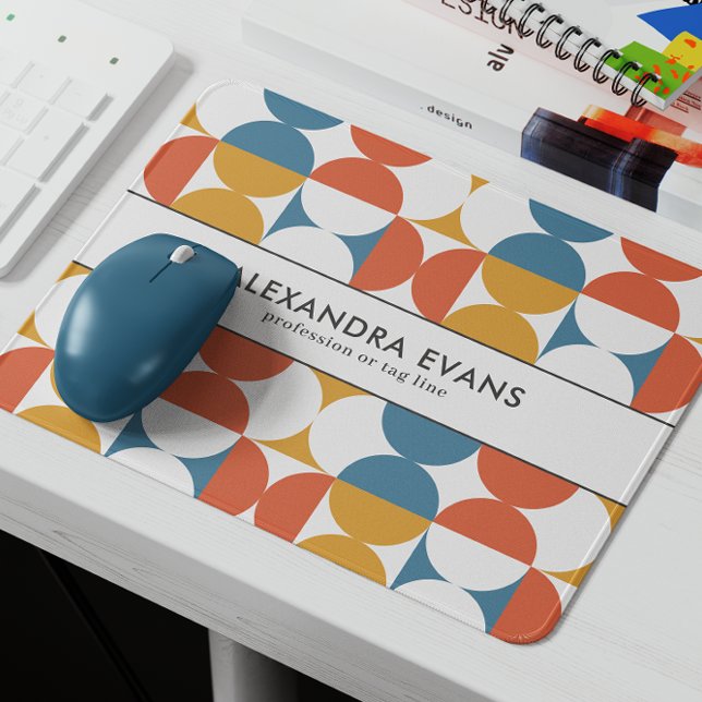Mousepad Escala do semicírculo retrorreflector em negrito a (Customizable Mouse Pad with Name and Profession with vintage retro geometric pattern in blue orange )