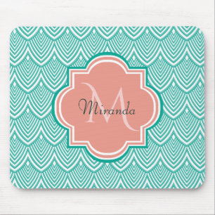 Mousepad Escamas de Peixe Art Déco Verde Teal com Nome Mono