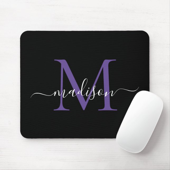 Mousepad Escrita Negra Roxa Violeta Negra Moderna Monograma (Com mouse)