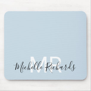Mousepad Escrito em monograma azul pastel moderno elegante