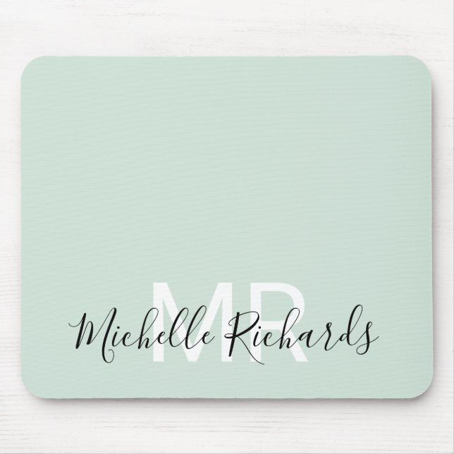 Mousepad Escrito em monograma verde pastel moderno elegante (Frente)