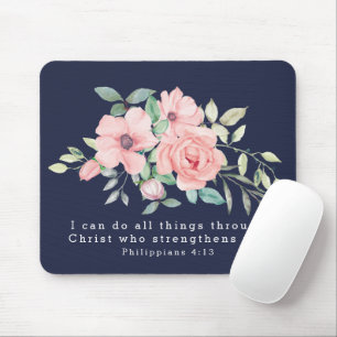 Mousepad Escritura Filipenses 4:13 Floral Aquarela Azul-Ma
