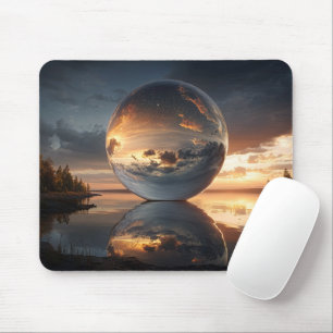 Mousepad Esfera Reflexiva Surrealista com Nuvens ao Pôr do 