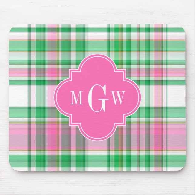Mousepad Esmeralda Verde Rosa Quente Branco Madras Monogram (Frente)