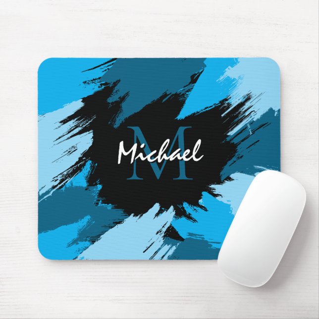 Mousepad Espadilhas de pinceladas com nome azul com monogra (Com mouse)