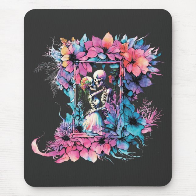 Mousepad Esqueletos apaixonados. Um buquê de flores. (Frente)