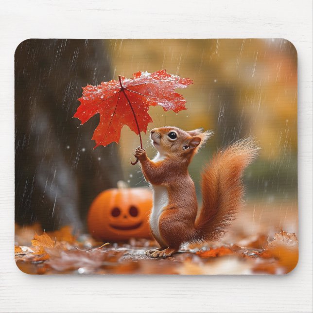 Mousepad Esquilo bonito com guarda-chuva de folha - Chuva d (Frente)