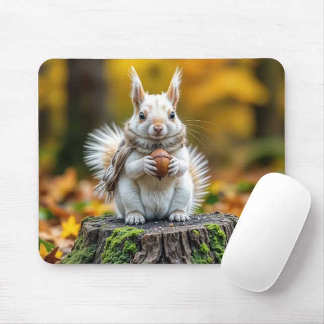 Mousepad Esquilo Branco de Outono em um Toco de Árvore (Com mouse)