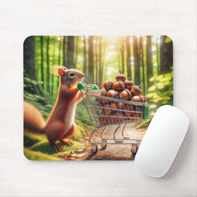 Mousepad Esquilo com Bolotas num Carrinho de Compro (Com mouse)