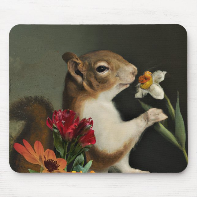 Mousepad Esquilo Cute Cheira a Flores Natureza Arte Animal (Frente)