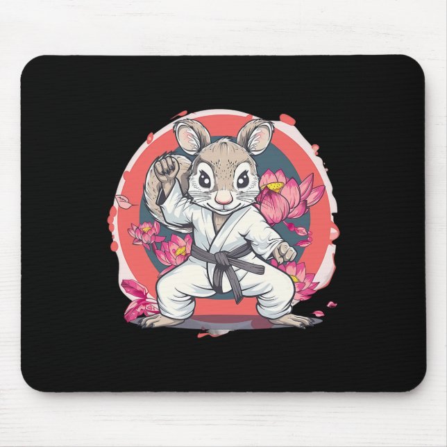 Mousepad Esquilo de Karatê Fofo Flor de Lótus Mma Kickboxin (Frente)