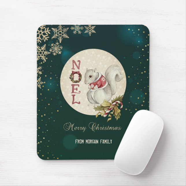 Mousepad Esquilo de Natal Vintage, Flocos de Neve  (Com mouse)